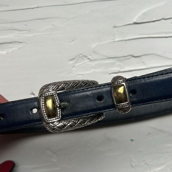 Vintage 90s 1992 Navy Leather Silver Belt Gold Details Brighton Leather Small - Picture 3 of 6